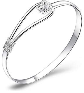 Elegant Silver Bracelet With Floral Design Clip-On Button Charm - Classic Bangle Jewellery for Women Girls (925 Plated Silver)