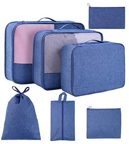 Koffer Organizer 7 Set,Packing Cubes Gepäck Packwürfel Organizer mit Schuhbeutel und Kulturbeutel (Marine New)