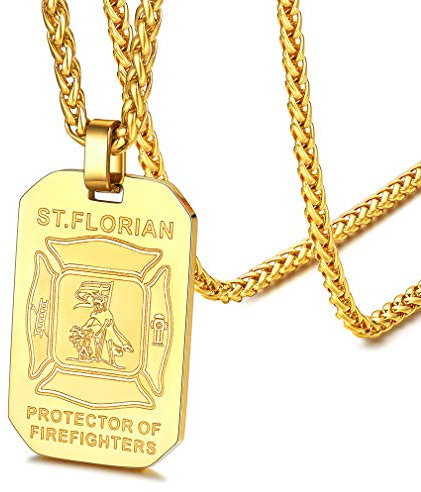 FaithHeart San Florián Talismán para Bomberos Placa Militar Acero Inoxidable 316L para Hombre Cadena Trenzada 3mm 55cm para Cuello Chapado en Oro Amarillo 18K