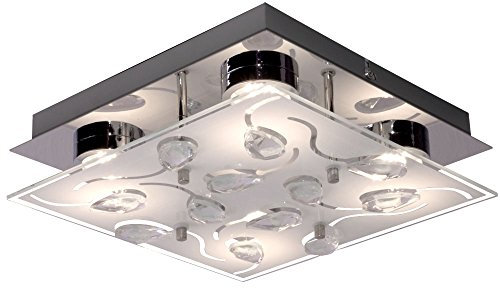 etc-shop LED Deckenleuchte Wohnzimmer Deckenlampe Glas mit Kristallen chrom, satiniert klar, 4x 5 Watt 4x 400 Lumen 3000K, LxBxH in 22 x 22 x 7 cm