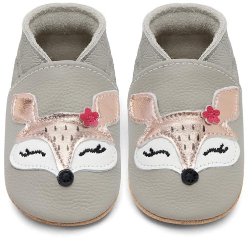 IceUnicorn Krabbelschuhe Baby Lauflernschuhe Jungen Mädchen Weicher Leder Babyhausschuhe Kleinkind Rutschfeste Lederschuhe Baby(Hellgrauer Fuchs, 18-24 Monate)
