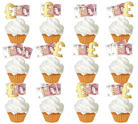 24pcs 50 Pounds Money Theme Cupcake Toppers Pound Symbol Fifty Pound Note Cake Decorations for Birthdays Weddings Bridal Showers Casino Bachelorette Retirement Anniversary Graduations Dessert Decor