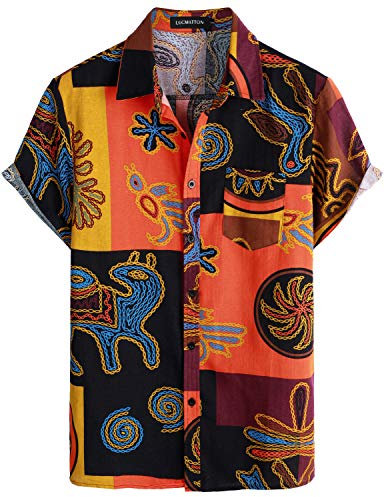 LucMatton Men's Linen African Traditional Floral Print Short Sleeve Button Down Hawaiian Shirts Yellow Large