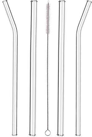 WZ Glass Straws - Reusable Clear Glass Straws for Smoothies, Cocktails & Cold Drinks (Pack of 2 Straight, 2 Bent & 1 Cleaner)