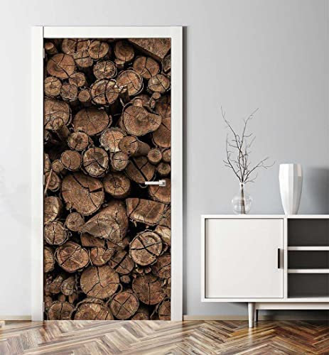 MyMaxxi - Tür bekleben mit Türtapete Türposter Türfolie Selbstklebend 90x200 Gestapelte rustikale Baumstämme - Tür verschönern ? Türaufkleber Türklebefolie Holz trocken braun