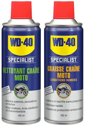 WD-40 Specialist Moto • Graisse Chaîne • Aérosol • Protection anticorrosion • 400 ML & Specialist Moto Nettoyant Chaîne Aérosol Sèche rapidement Ne laisse pas de résidus Aide à réduire l'ususe 400 ML