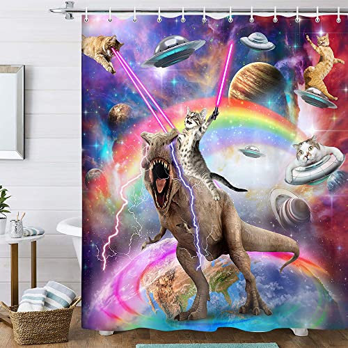 Uokiuki Lustiger Katzen-Duschvorhang für Jungen und Kinder, Badezimmerdekoration, Coole Katze, reitender Dinosaurier auf Fantasie-Galaxie, lustiger Duschvorhang, Stoff mit 12 Haken, 178x178 cm