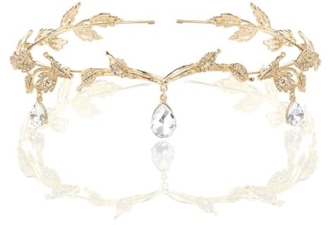 BABEYOND Crystal Leaf Wedding Diadem Headband Bridal Bridesmaid Forehead Band Rhinestone Bridal Tiara Crown with Gift Box, Gold, One size