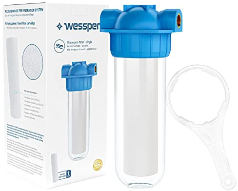 Wessper Vorfilter Hauswasserwerk, Wasservorfilter, 1- Stufiges Wasserfiltersystem mit Montageschlüssel und Wandhalterung, Schaumstoff – Filter – Gewindeddurchmesser ¾ Zoll, 2000 L
