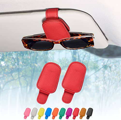 quipuda 2 Packs Sunglasses Holder for Car Sun Visor Accessories, Magnetic Geniune Leather Car Sunglass Holder, Glasses Clip for Automotive Eyeglass Hanger, Ticket Card Clip (Red)