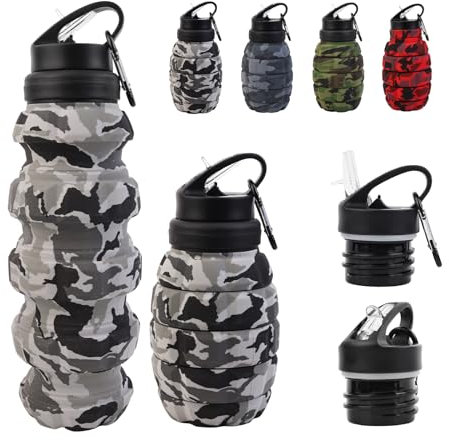 KUNHANG Faltbare Reise-Wasserflasche, wiederverwendbare Silikon-Wasserflaschen für Fitnessstudio, Camping, Wandern, tragbar, auslaufsicher, Sport-Wasserflasche, Armee-Camouflage-Flasche mit (Grau)