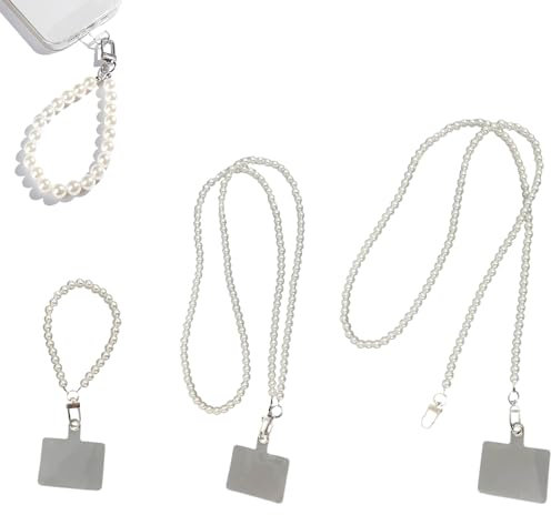 DALAETUS 3 Pcs Universal Phone Charm Set, Beaded Strap, Pearl Chain With Neck and Crossbody Options, Anti-Loss Lanyard With Patch for All Phones