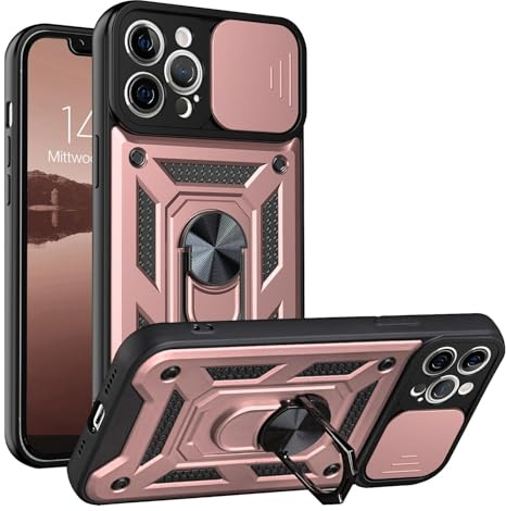 LBH Armor Hülle kompatibel mit Apple iPhone 12 Pro Case mit Kameraschutz Outdoor Stoßfest Handyhülle 360 Grad Metal Ring Halter Ständer Schutzhülle für Handyhalterung Auto Magnet Rosegold