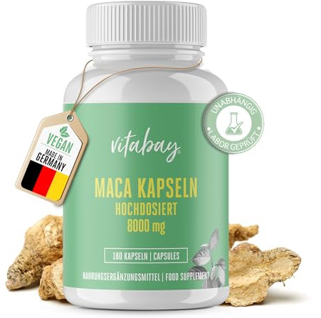 Vitabay Maca Kapseln Vegan hochdosiert 8000 mg pro Kapsel - 180 Maca Kapseln - Maca hochdosiert Maca Tabletten Maca Wurzel Macawurzel Maca Wurzel Kapseln Maca Vegan und Laborgeprüft