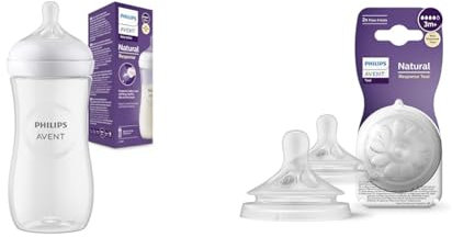 Philips Avent Biberon à Réponse Naturelle de 330 ml, sans BPA & Avent Lot de 2 tétines pour biberon à Réponse Naturelle 0% BPA, Débit 4 pour Bébé de 3 mois + (modèle SCY964/02)