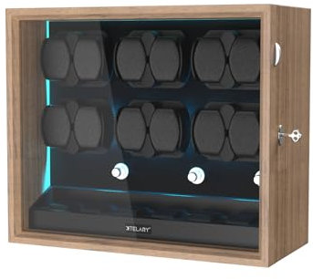XTELARY Uhrenbeweger für 12 Automatikuhren, Abschließbarer Automatikbeweger mit Extra 6 Uhrenfächern, 4 Rotationsmodi, Flexible Uhrenkissen, Leiser Mabuchi Motor und Blaue Hintergrundbeleuchtung