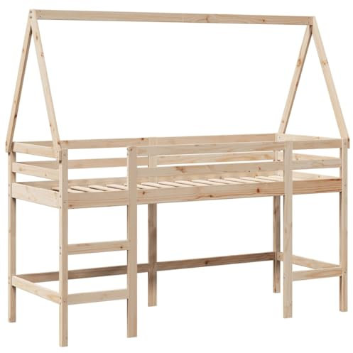 vidaXL Hochbett, Kinderbett mit Leiter Dach Sicherheitsgeländer, Spielbett für Kinderzimmer, Bett Holzbett Einzelbett, 90x190cm Massivholz Kiefer