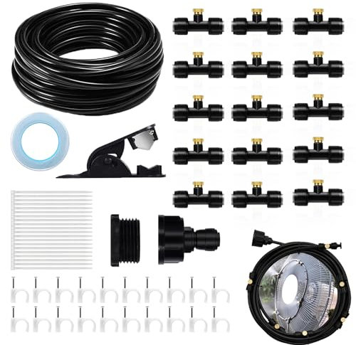 ELEpl 15m Sistema de Nebulización Refrigeración Terraza 75pcs Dispositivo de Enfriamiento por Aspersión con Boquilla de Latón Sistema Riego por Goteo Kit Riego para Jardines Patios Sombrillas y Techos