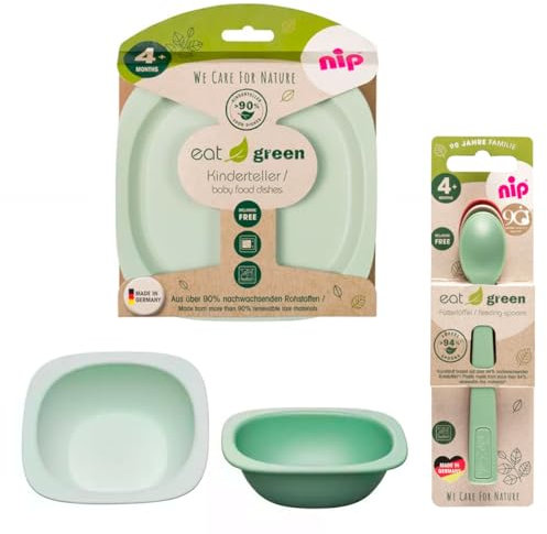 NIP Eat Green Geschirrset ab 4. Monat, 2 Teller, 2 Breischale, 3 Eat Green öko bio Babylöffel,Spülmaschinenfest,Mikrowellegeeignet, Made in Germany, BPA frei, Melamin frei, PVC frei