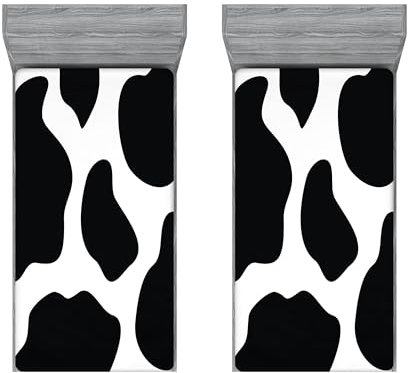 ABAKUHAUS Kuh-Druck Spannbettlaken-Set, Weiß Kuhfell Barn, Bettbezug mit Rundum-Gummizug tiefer Einschub 2 Stück, 90cm x 200cm, Grau Schwarz