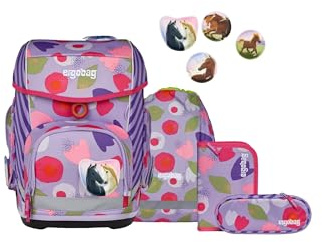 ergobag Schulranzen-Set cubo Set BlütenzauBär - Lila | Ergonomischer Schulranzen Klassisch, 5-teilig, für die 1. Klasse Grundschule, Kollektion AW24/25