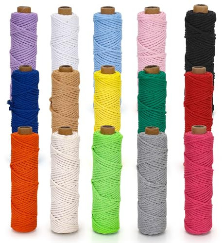 Aramanara 15 rollos de cordón de macramé de colores de 3 mm x 492 yardas, cordón de algodón suave trenzado de 4 hebras, cordel de algodón natural, cuerda de macramé para manualidades, colgar en la