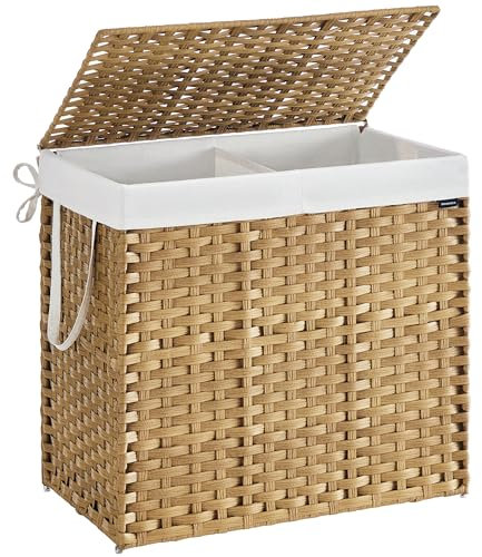 SONGMICS Wäschekorb 2 Fächern, Wäschesammler 160 L, Wäschebox aus synthetischem Rattan, mit Deckel und Griffen, geflochten, faltbar, herausnehmbarer Wäschesack, naturfarben LCB216Y01