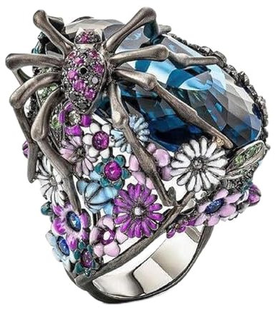 GWSGSFAS Übertriebener Saphir Kreativer Ring Spinne Form Öl Tropfen Blume Ring-R9121-6