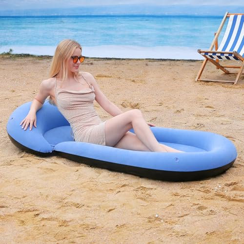 ROUSKY Tapis de plage gonflable, 177,8 x 73,9 cm, surface floquée, coussin (bleu)