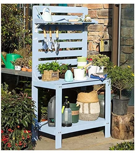 Potting Bench Work Station Potting Bench Garden Table for Outdoors Solid Wooden Work Station Gardening Bench Potting Table with Hooks.Blue-75x45x165cm