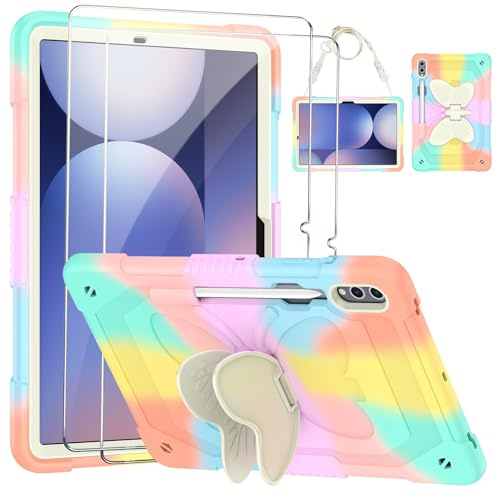 Samokor Kids Case for Samsung Galaxy Tab S10+ Plus 2024/S9+ Plus/S9 FE+ Plus 2023 (12.4 Inch),with Tempered Glass Screen Protector & Butterfly Kickstand,Shockproof Full Body Protective,Colourful Pink