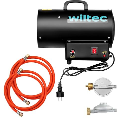 Wiltec Set de cañón de aire caliente 15kW 30W caudal 320 m³/h GLP y regulador de presión 700 mbar con manguera de 1,5 m calefacción potente para obras, talleres y almacenes - Francia
