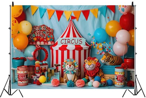 Ttincceer 2.2x1.5m Cirque Toile de Fond Mignon Lion Tigre Jouets Carnaval fête Photographie Fond Enfants garçon 1er Anniversaire fête Photo arrière-Plans Nouveau-né Baby Shower Studio Portrait Prop