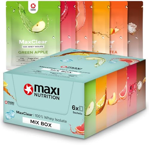 MaxiNutrition MaxClear Mixbox 6 Sorten á 30 g, 100% Clear Whey Protein Isolate, Protein Pulver mit 24g Eiweiß pro Portion, erfrischend, kalorienarm, ohne künstliche Aromen