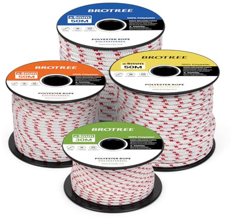 Brotree Corde de Polyester 3mm x 20m Blanc/Rouge - Cordage Tresse Nautique pour Extrieur, Amarrage, Bateau, Jardin - 200KG Charge de Rupture