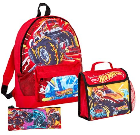 Hot Wheels Monster Trucks Backpack + Lunch Bag + Pencil Case Boys 3 Piece School Bag Set