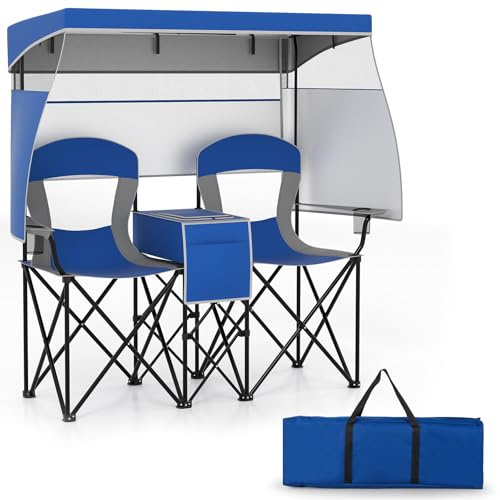 RELAX4LIFE Sedia da Spiaggia Doppia per 2 Persone, Sedia da Campeggio Pieghevole con Tettuccio Regolabile, Borsa Termica, Portabicchieri, Tasca Portaoggetti e Borsa da Trasporto, Max 300kg (Blu)