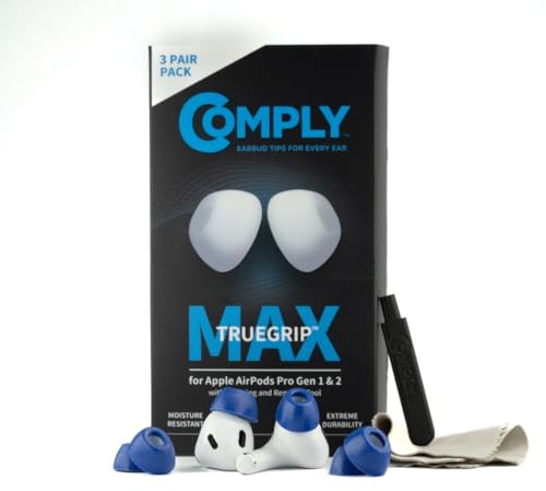 Comply TrueGrip MAX | Premium Memory Foam Replacement Earbud Tips for Apple AirPods Pro 1 & 2 | Long Lasting Comfort, MAX Durability, Secure Fit, Superior Noise Isolation| Blue (S/M/L) (3 Pairs)