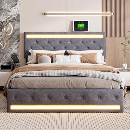 WSOFZMO Doppel Bett 140x200 mit Lattenrost, Doppelbett Polsterbett 140x200 mit Stauraum, Boxspringbett, Jugendbett, Betten mit 4 Schubladen, LED und USB, Leinen, ohne Matratze