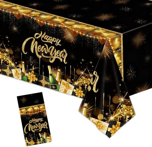 Silvester Tischdecke, Silvester Deko 2026, 137x 274cm Frohes Neues Jahr Tischdecken, Schwarz Gold aus Kunststoff Happy New Year Tischdecke, für Deko Silvester Party 2026 Silvesterparty