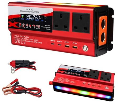 Kocusu 2000W Car Power Inverter, Power Inverter DC 12V/24V to 240V AC, Pure Sine Wave Inverter with UK Plug, 2 Type-C, 2 USB Port and Cigarette Lighter, 24V Converter for Truck, Travel, Camping, RV