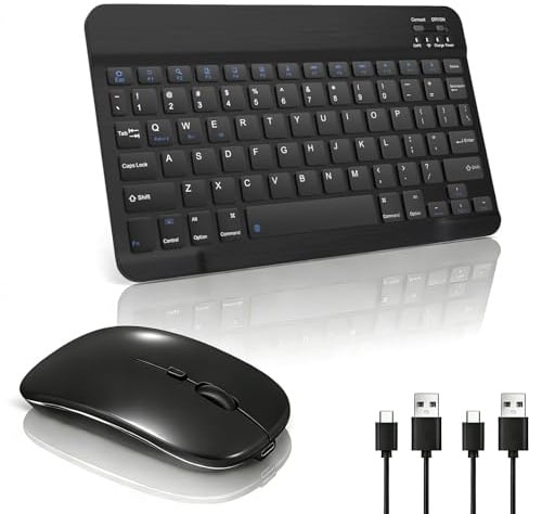 Wireless Keyboard and Mouse Combos,Ultra Slim Bluetooth 5.0 Rechargeable Set with USB-C,Portable for iPad,Mac, Windows,Android Smartphone (10-inch 78-Key Black, OS 10+)