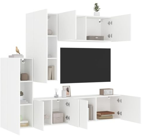 Mandloder 5-TLG. Wohnwand Weiß, Holzwerkstoff, Wandmontage, Stauraum für Wohnzimmer, Medien & Bücher, modernes Entertainment Center