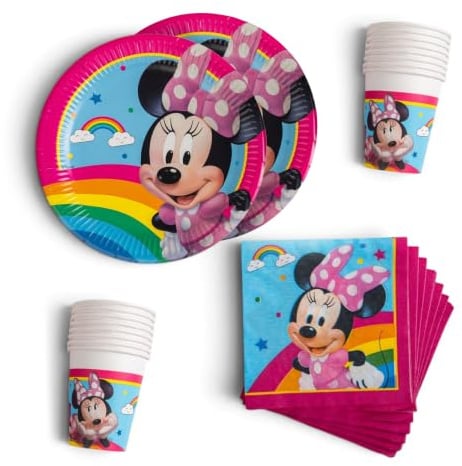Procos - Decorazione per compleanno Minnie Mouse Rainbow, 52 pezzi, piatti, bicchieri e tovaglioli di carta per feste di compleanno per bambini, articoli per la tavola
