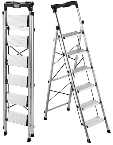 VEVOR Scaletta Pieghevole Salvaspazio con 6 Gradini con Ampio Pedale Antiscivolo e Impugnatura Comoda, Scala a Pioli Portatile in Alluminio con Capacità di 150 kg, Multiuso per Cucina, Casa