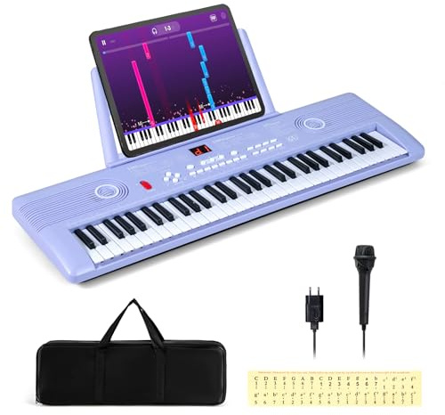 COSTWAY Piano Digital 61 Teclas, Teclado Piano Eléctrico Portátil con Soporte para Música, Micrófono, Pegatinas de Notas y Bolsa de Transporte para Niños y Adultos (Morado)