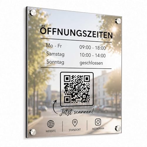 Nomiro - Schilder selbst gestalten - Öffnungszeiten Schild personalisiert mit QR Code - 30x40 cm - Spiegelschild Türschild Büro Praxis Firmenschild individuell gestalten Aluverbundplatte 3 mm Spiegel
