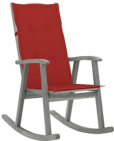 TUERYAFEK Vintage Schaukelstuhl Massivholz Akazie mit Auflage Grau, Zeitloses Design, hohe Rückenlehne, wasserdichte Polyesterauflage mit Gummiband, max. 110 kg, für Wohnzimmer oder Terrasse
