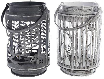 Windlicht Eisen cut out Hirsch mit Wald oder Haus und Wald mit Glaseinsatz Stückpreis