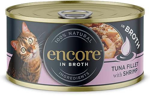 Encore 100% natürliches Premium Nassfutter für Katzen, Thunfischfilet mit Shrimps in Brühe für erwachsene Katzen - Packung mit 16 x 70g Dosen